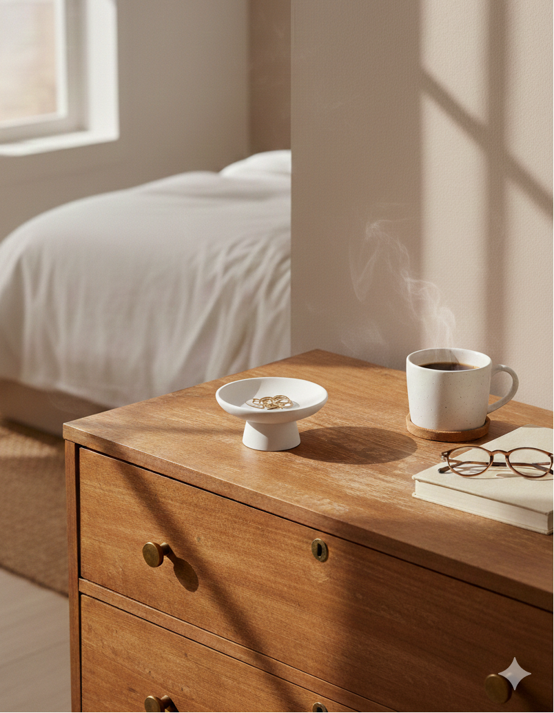footed jewelry bowl on bedroom dresser
